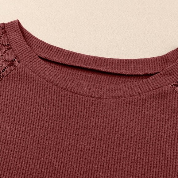 Red Eyelet Lace Raglan Sleeve Drop Shoulder Plus Size Top - Picture 6 of 11